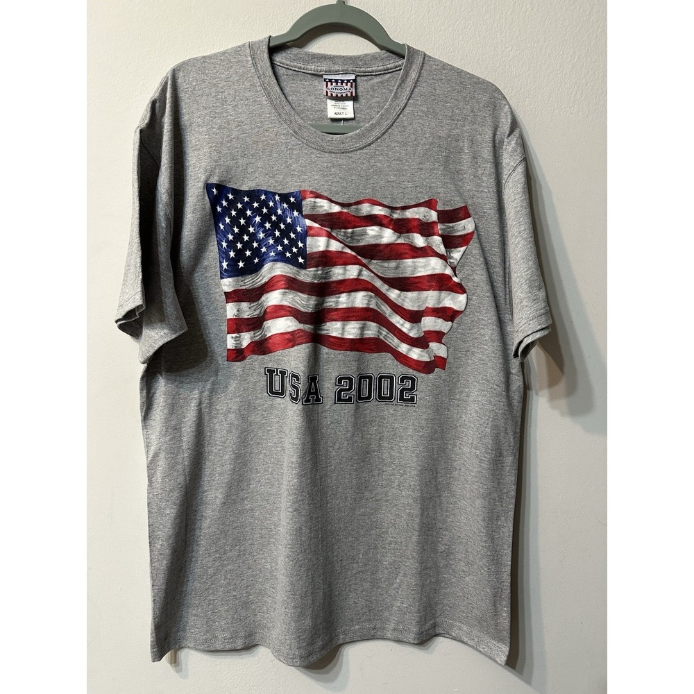 NWT Vintage 2002 Sonoma USA American Flag T Shirt Mens Large Gray Y2K Patriotic